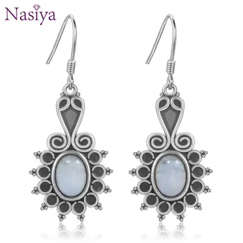 

New Style Oval Ethnic Flower Moonstone Women's 925 Sterling Sliver Drop Earrings Wedding Party Anniversary Engagement Jewelry