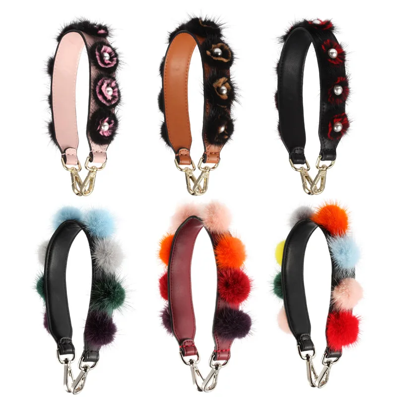 

New Estelle Wang Cowhide Leather With Mink Fur Starp Wide Shoulder Belts Pearls Women Lightweight Organizers Bag Flower Parts