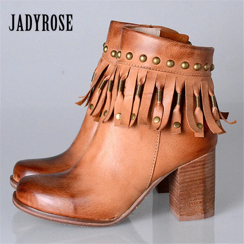 

Jady Rose Fringed Autumn Winter Women Ankle Boots Chunky High Heel Boot Rivets Studded Vintage Genuine Leaather Rubber Boots