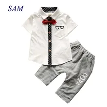 Комплекты детской одежды Летний Костюм Джентльмена для маленьких мальчиков Детский топ с короткими рукавами и галстуком-бабочкой+ штаны в полоску комплект из 2 предметов
