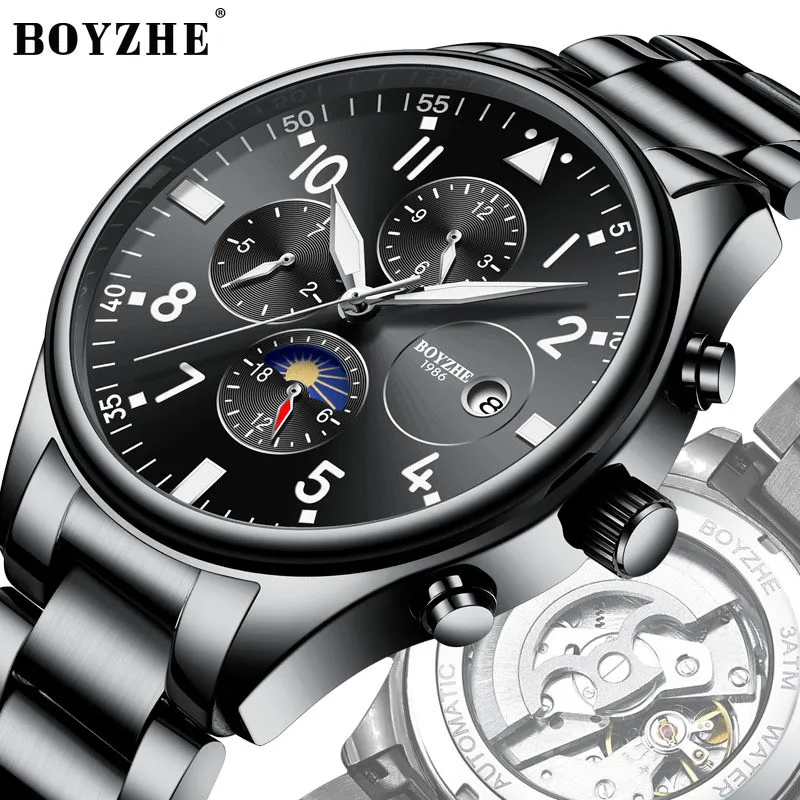 

BOYZHE Men Automatic Mechanical Watch Stainless Steel Time Luminous Brand Moon Sports Business Casual Watch Relogio Masculino