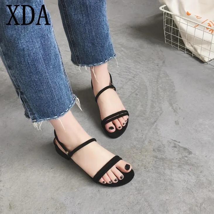 

XDA 2019 new Women Sandals Genuine Cow Leather mid Heels sandals open-Toe sandals High Quality Fashion Summer sweet women Shoes