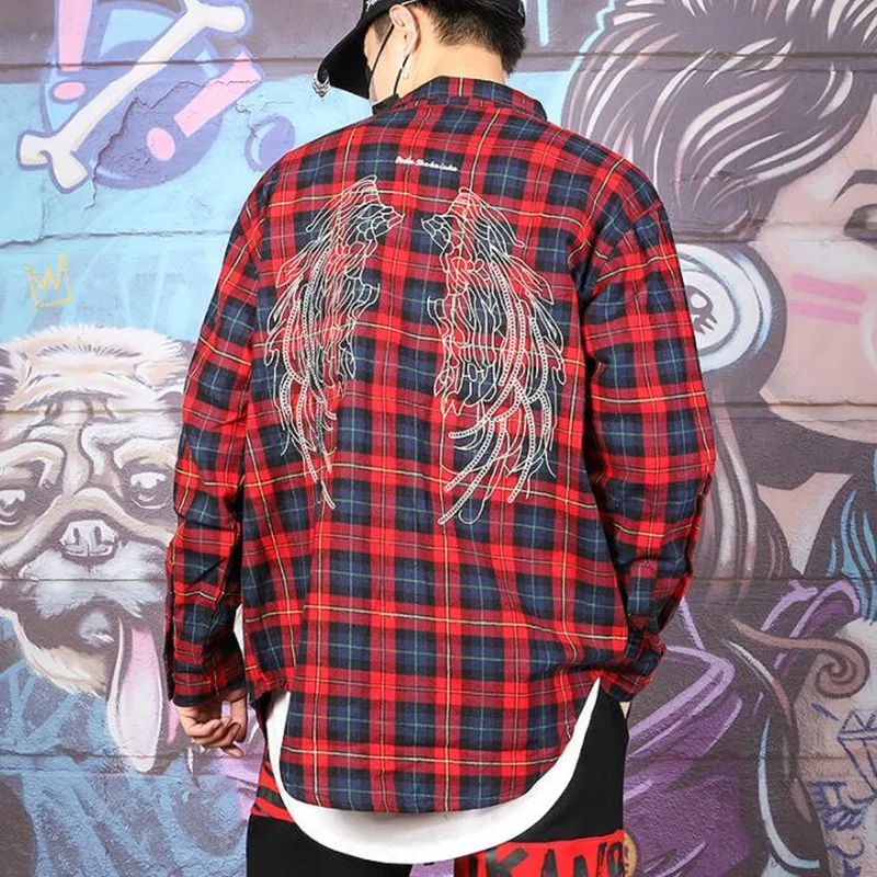 

2019 The street Medium long Shirts wing embroidery trend Hip hop Men and Women Handsome leisure irregular checked shirt jackets