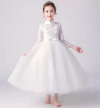 

2019 High Quality Handmade Flower wedding Girls Dress With Headband Long Sleeve Lace Dress Kids Pageant Long dress 4-12Y