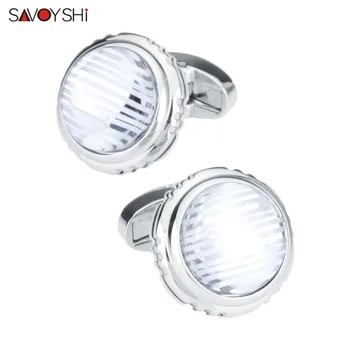

SAVOYSHI Round Glass Cufflinks for Mens Shirt Cuff buttons High Quality White Stripe Cuff links Fashion Brand Men Jewelry Gift