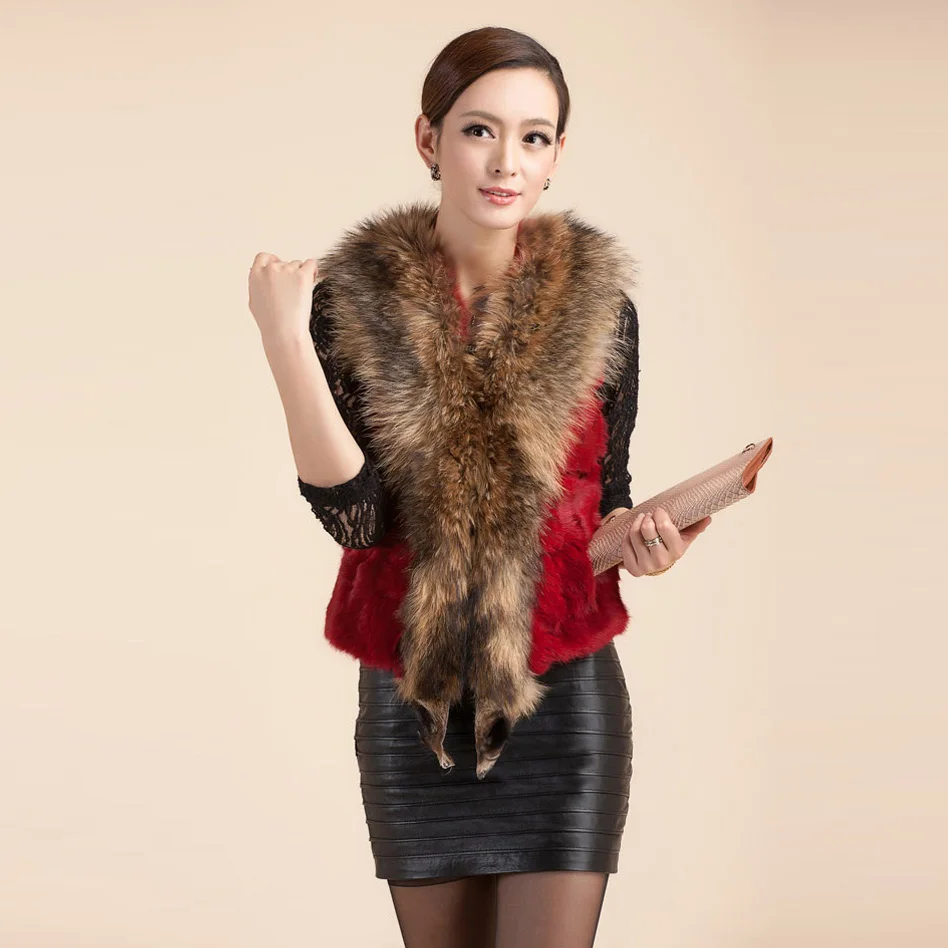 

Fur Story 020174 New Real Rabbit Fur Vest with Big Raccoondog Fur Collar Placket Waistcoat Jacket Slim Style