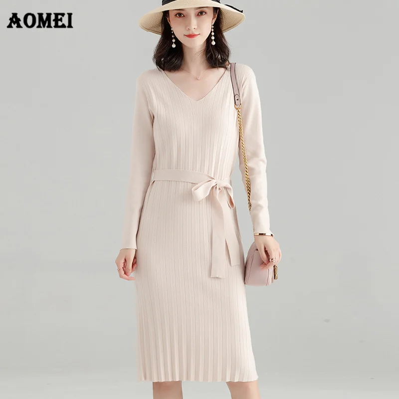 Autumn Winter Sweater Dress Knitting Women Elegant Slimming Knee Length Stretched Fall Fashion Sashes Knitted Pullover Jumper | Женская