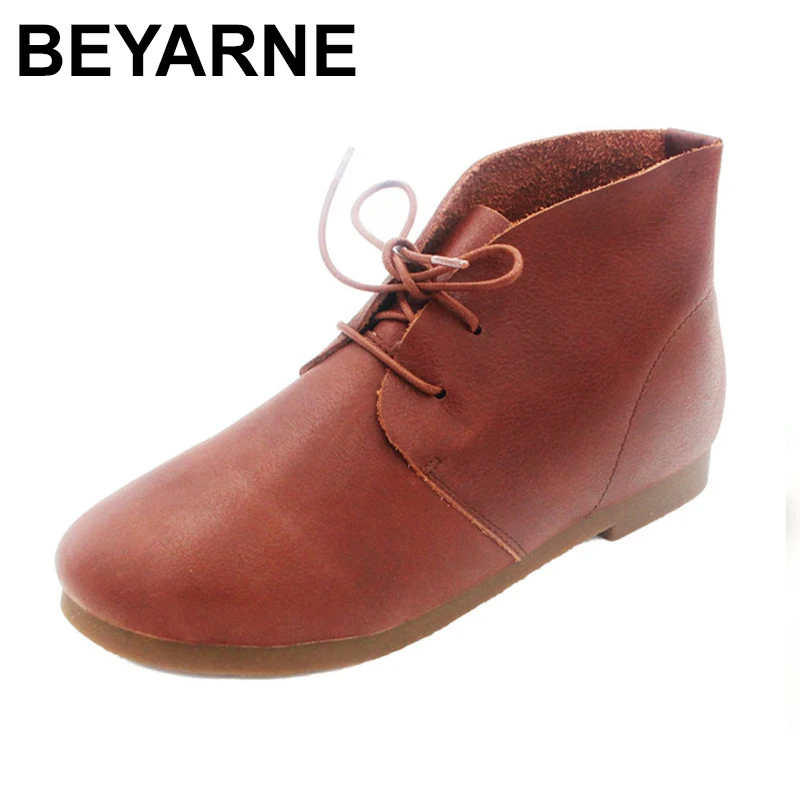 BEYARNE  Woman Boots Plain Toe Lace up Ankle Boots for Women 100% Authentic Leather Ladies Boots Female Footwear 