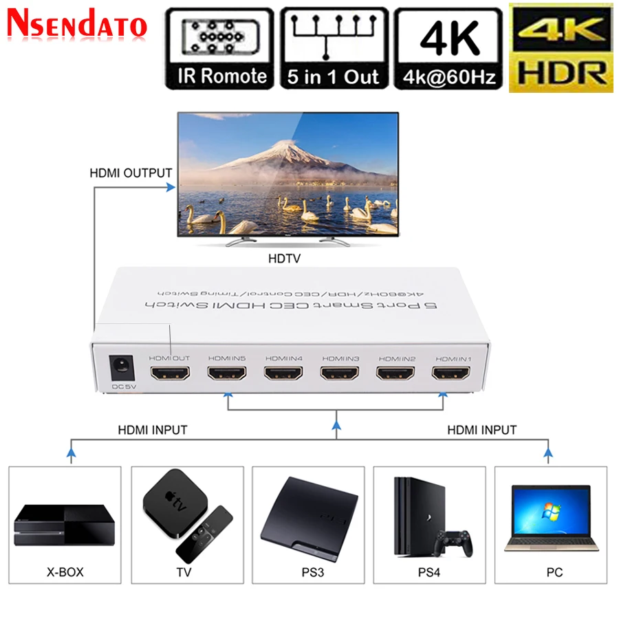 4 к* 2 к 5 в 1 выход HDR HDMI адаптер переключатель 5 портов Smart CEC HDMI переключатель синхронизации с IR Romote Dolby DTS HD LPCM для HDTV PS3 PS4
