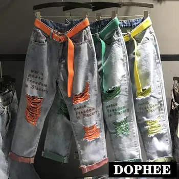 

2019 Summer New Fashion Jeans Women Hole Embroidery Letters Casual Loose Denim Harem Pants for Girls