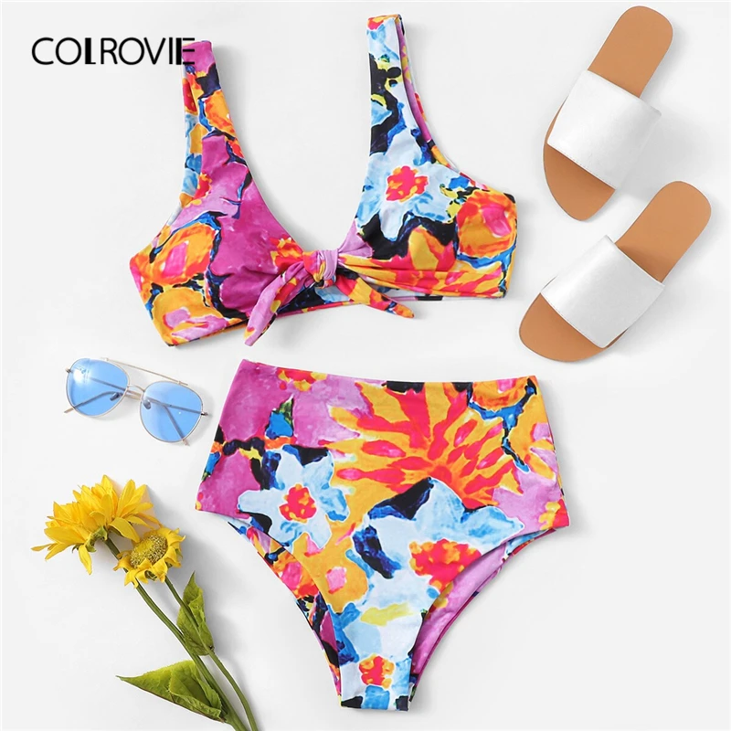 

COLROVIE Multicolor Random Floral Top With High Waist Swimwear Women Bikini Set 2019 Wireless Beach Swimsuit Boho Bathing Suit