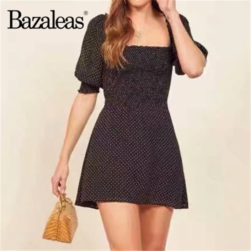 

Bazaleas Square Collar Vintage Dot print Women dress Slim Elastic Casual Women Dresses Lantern Short Sleeve vestidos drop ship
