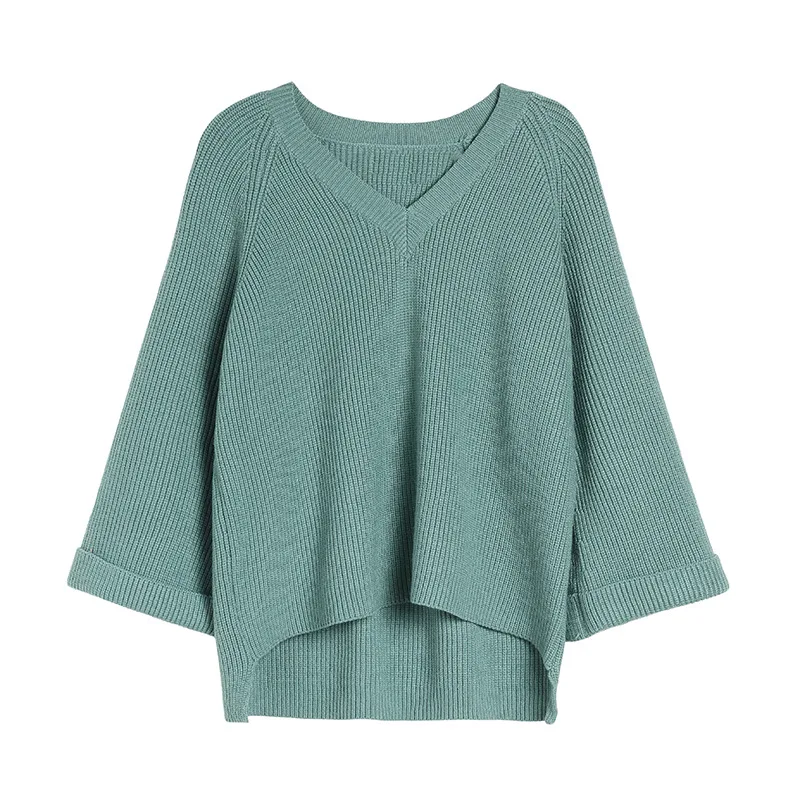 Solid loose v-neck elastic knit sweater 2018 new flare sleeve women autumn basic casual sweater