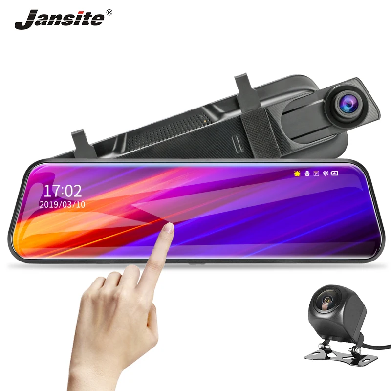 

Jansite 10" Touch Screen Stream Car DVR Dash camera Dual Lens Auto Camera Video Recorder Rearview mirror with 720p Backup camera