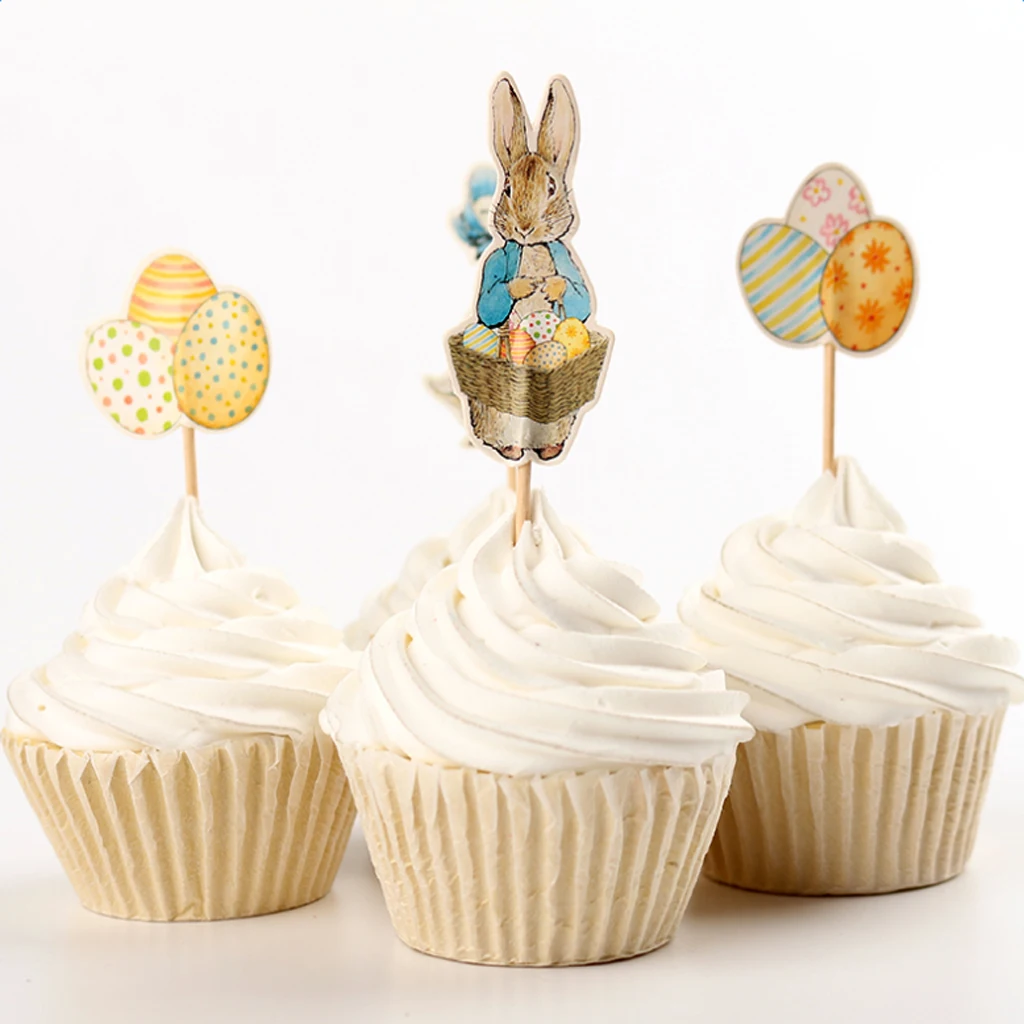 48pcs Happy Easter Rabbit Egg Cupcake Topper Cake Sticks Table Centerpieces Decor Kids Gift Birthday Party Favors 