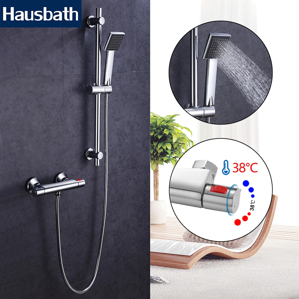 

Thermostatic Shower System Chrome Surface Slide Bar Thermostat 38 Degree Mixer Shower Hose And Hand Head