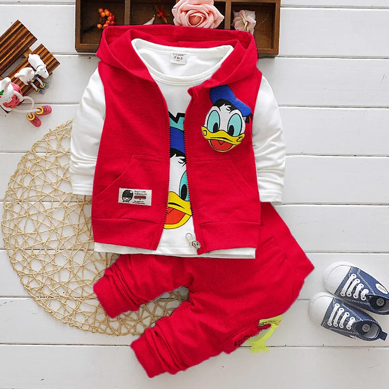Comprar Primavera otoño conjunto de prendas para niño y niña dibujo animado de Donald Duck Abrigo con capucha + Camiseta + pantalón 3 uds. Traje de niños traje deportivo ropa de niños