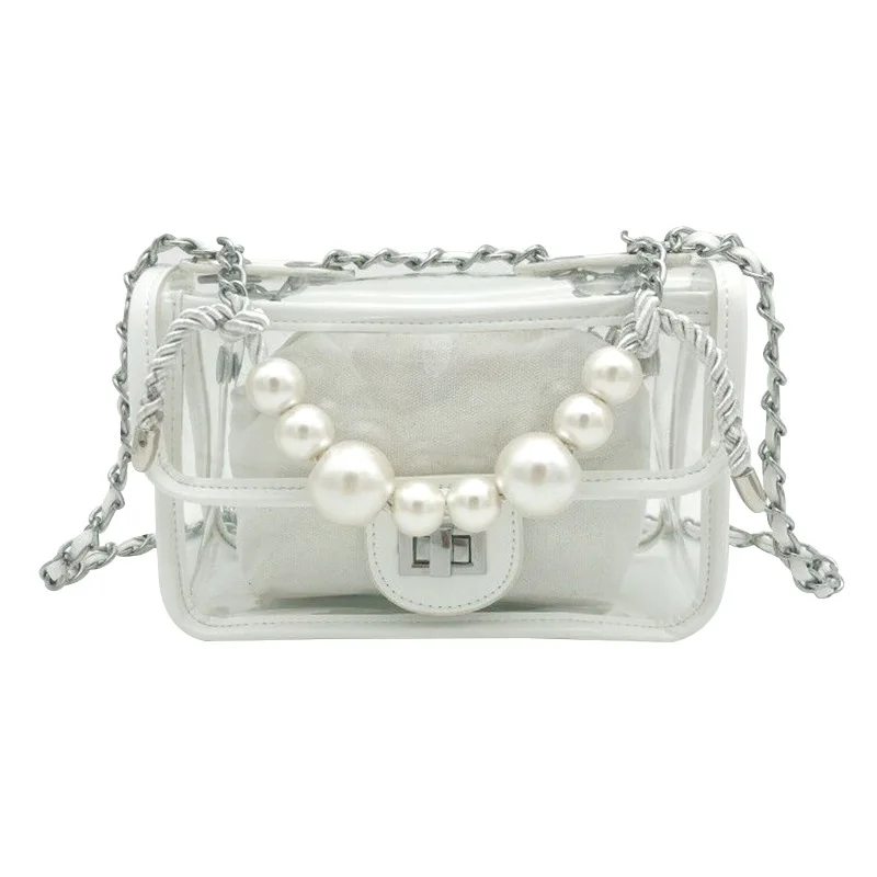 

Women's fashion Pearl PVC clear bag Korean version of leisure women out single-shoulder bag Pearl chain can be removed