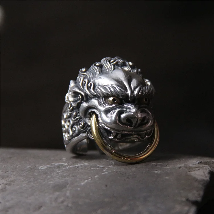 

High End S925 Sterling Silver Retro Thai Silver Lifestyle Overture Exaggerated Lion Head Men's Open Ended Ring