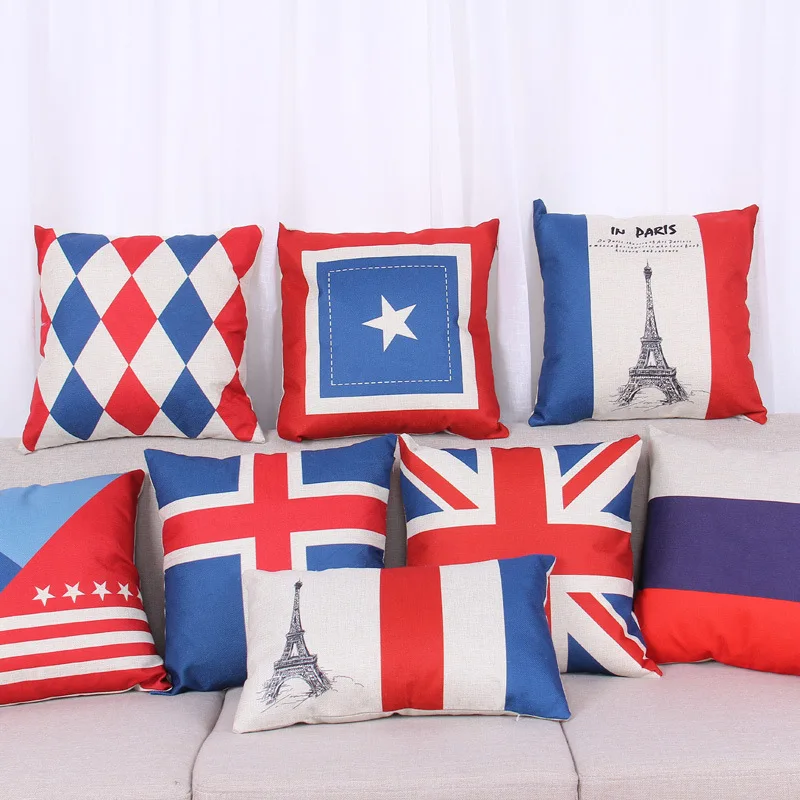 

National Flag Pillow Case Cotton Linen Cushion Cover British Style USA UK Flags Decorative Car Sofa Throw Pillowcase Home Decor