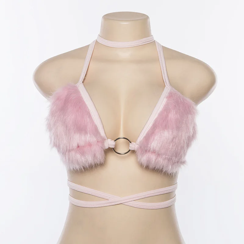 Pink Fluffy Faux Fur Camis Sexy Halter Bra Crop Top Women Backless Bandage Bralette Camisole 2019 Autumn Party Top Clubwear