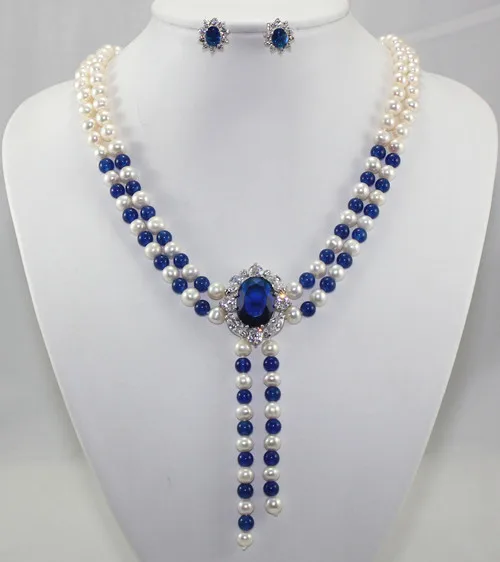 

Wholesale noble mixed 2 rows white shell pearl and blue jade + crystal earring fashion jewelry set>>005 (D)