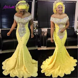 Желтый Вечерние платья расшитые кристаллами собирается Длинные бальные платья русалки Африканский официальная Вечеринка платье плюс