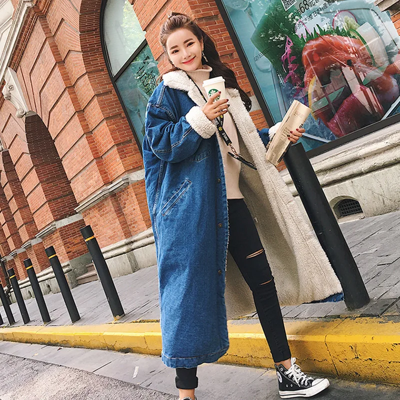 breasted Épais Blue Longue Femmes Xy565 Manteau Single Occasionnel Lâche Survêtement Coton 2018 Hiver Veste Mode Femelle Denim Plus Nouvelle wXN0OnPk8