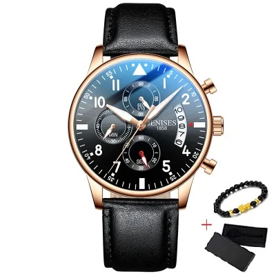 JENISES мужские часы лучший бренд класса люкс кварцевые часы мужские модные военные водонепроницаемые спортивные часы с хронографом Relogio Masculino - Цвет: GD Black BK-Leather
