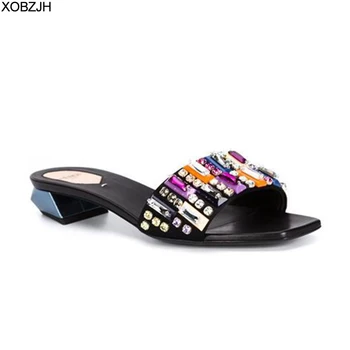 

Summer Flat Sandals Women Shoes Luxury 2019 Brand Black Red Yellow Rhinestone designer Sandals Leather Slippers Shoes Woman