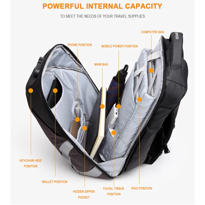 Ozuko moda mochila casual multifunción USB carga 15.6 mochilas portátiles Contraseña de bloqueo antirrobo mochila masculina mochila Ozuko moda mochila casual multifunción USB carga 15.6 mochilas portátiles Contraseña de bloqueo antirrobo mochila masculina mochila