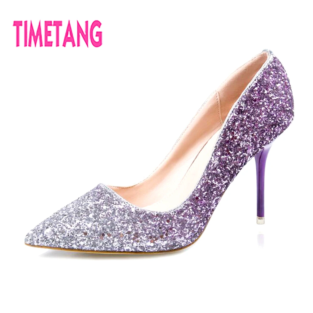 

TIMETANG Gorgeous Gradient Bling Color Matching Woman Pumps Elegant Pointed Toe Shallow Mouth Thin High Heel Party/Wedding Shoes