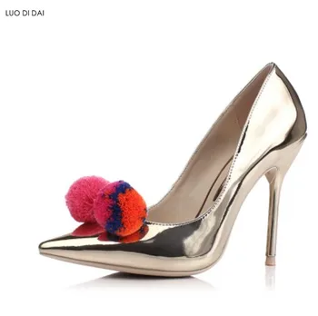 

2019 New arrival women mirror leather pumps thin heel party shoes cute pom pom pumps point toe high heels gold sliver dress heel