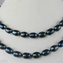 Природный Женщины 7-8 мм черный культивированный Akoya Цепочки и ожерелья риса 35 ''штраф покрытием золото свадебные широкий часы крылья королева