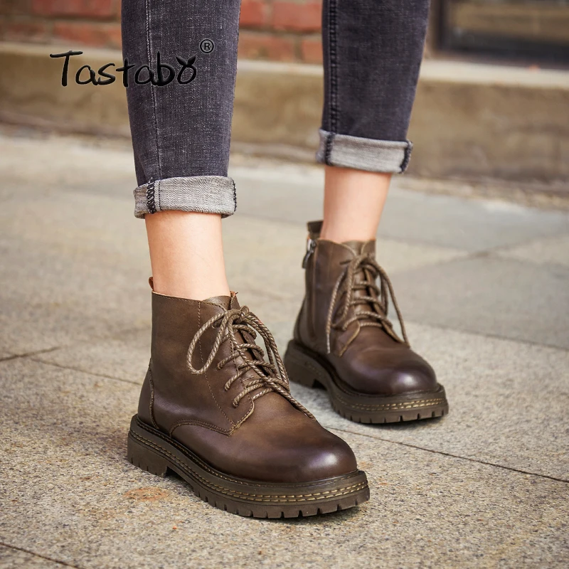 

Tastabo Vintage Boots Women Female Lace-up Genuine Leather Ankle Boots for Women Botas Feminina Bota Soft Cowhide Women's Shoes