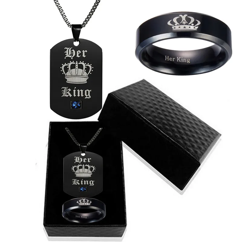 

His Queen Her King Couple Stainless Steel Crystal Charm Necklace Ring For Men Bangles Jewelry Gift Box Black Gold Color