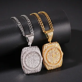 

Hip Hop AAA CZ Stones Bling Ice Out Wristwatch Watch Shape Pendants Necklace for Men Rapper Jewelry Gold Color with cuban chain