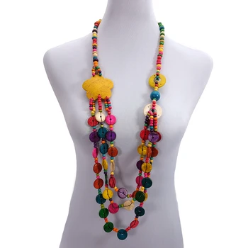 

Wholesale Flower Ethnic Long Coconut Shell Necklace Multicolor Layered Wood Beaded Strand Handmade Knitted Women Bohe Jewelry