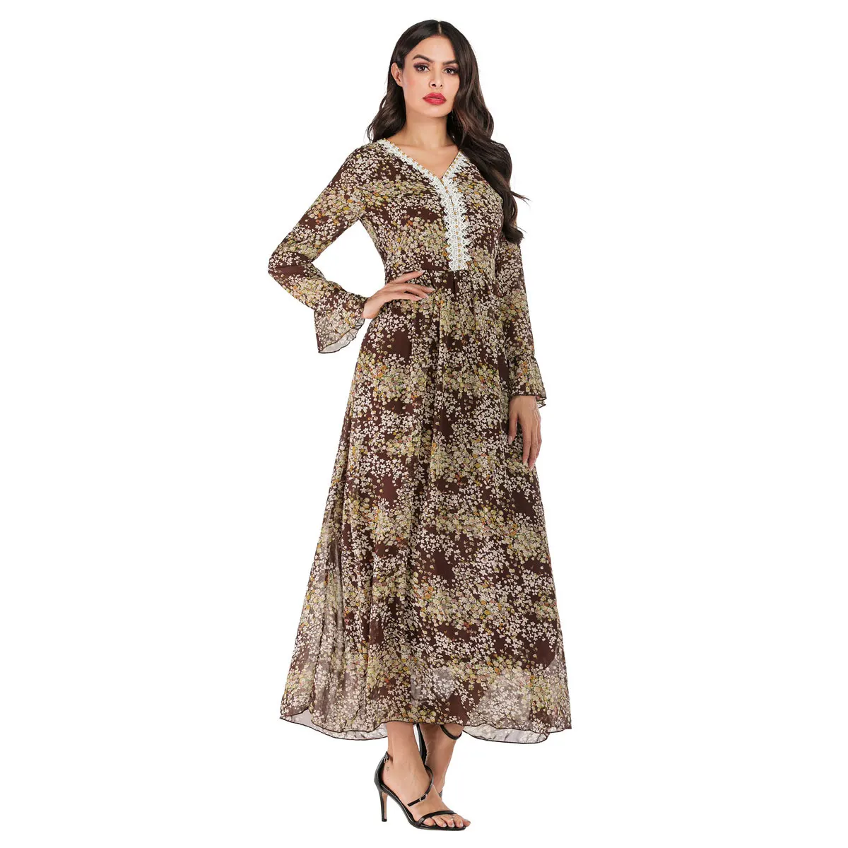 

2019 Autumn Floral Printed Bohemian Chiffon Maxi Dress With Lining Double Layer Lace Up Waist Holiday Vestido V Neck VKDR1724