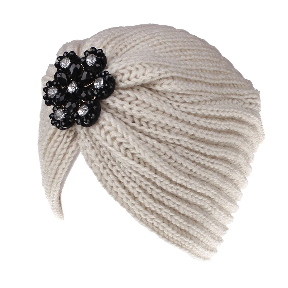 

Fashion Women's Hat Cap Winter Warm Crochet Caps Floral Rhinestone Turban Headdress Lady Knitting Skullies Beanies for Women