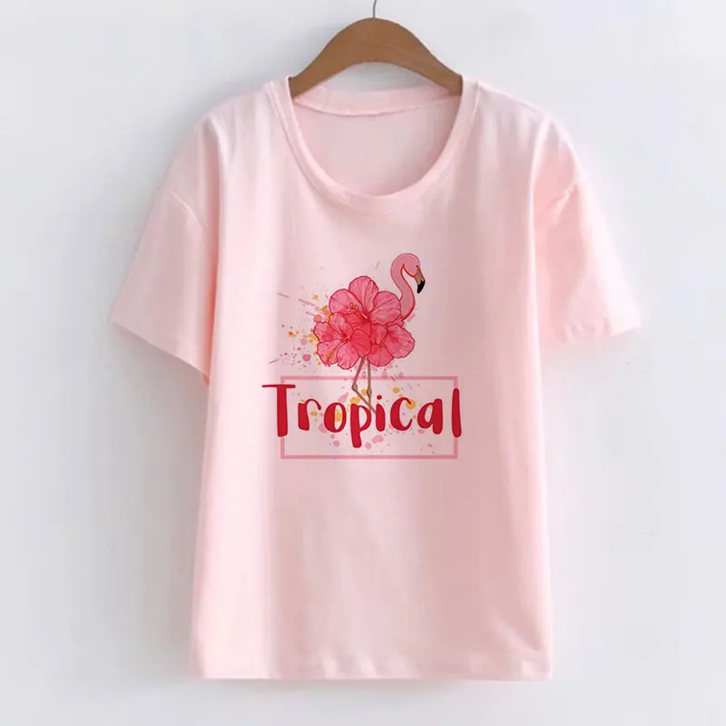 Милая женская футболка с принтом фламинго, тропический рай, новинка, летняя уличная футболка, Harajuku, Vogue, кавайный стиль, 90 S, футболка - Цвет: 1761-Pink
