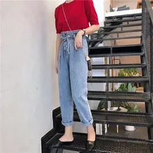 S-XL,, корейский стиль, Осенние, бумажный мешок, талия, брюки, высокая талия, джинсы для женщин, гарем, джинсовые штаны для женщин(Z8295