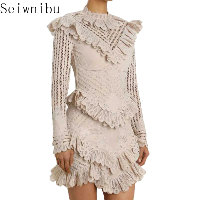 

Seiwnibu Designer Layers Ruffles Party Dress Runway Women Lace Floral Hollow Out Dress Vintage Court Stand Collar Mini Dress