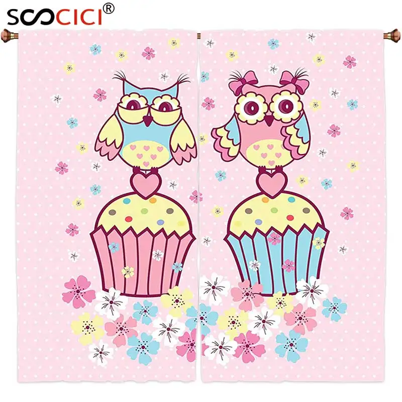 

Window Curtains Treatments 2 Panels,Owls Two Owl Couples On Cupcakes Springtime Happiness Romantic Occasions Children Art