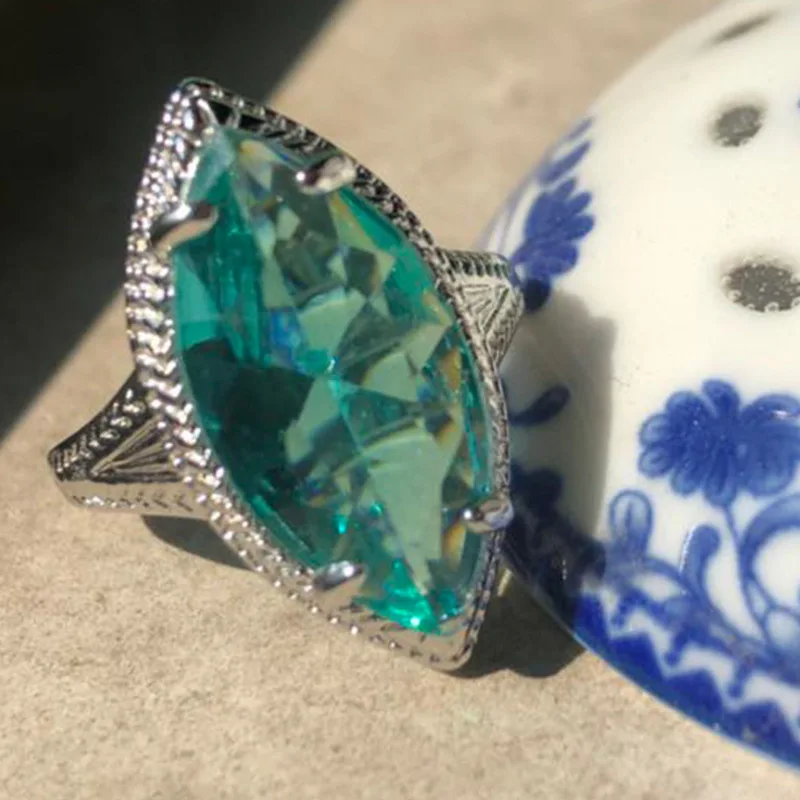 Античная зеленый камень маркиза большие кольца для Для женщин 925 серебро заполнено лошадиный глаз циркон камень для родившихся в мае кольцо для женщин Свадебные подарки