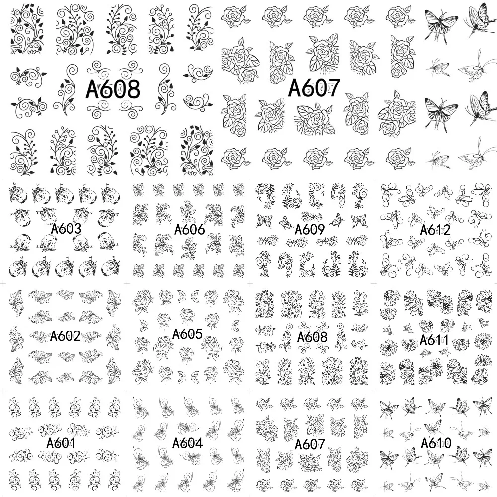12 листов, переводные наклейки для дизайна ногтей, переводные наклейки с черным цветком и бабочкой, кружевные наклейки, наклейки для украшения, A601-612