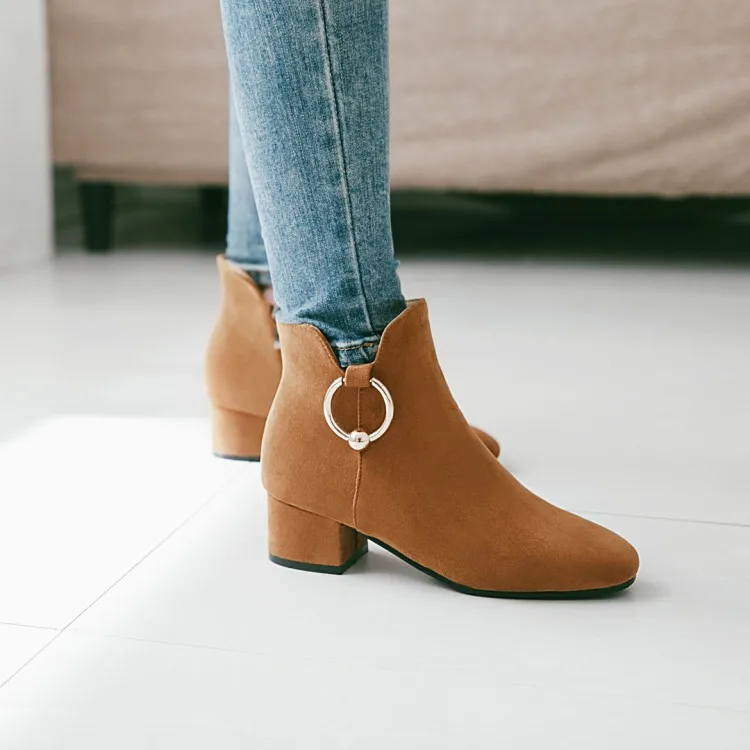 

Big Size 11 12 13 14 Package the heel Medium and thick ankle boots for ladies Side zipper suede Pure color Metal decoration