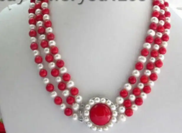 

Women Gift word Love for women sterling-silver-jewelry Genuine 3row Natural White Pearl Red Coral Necklace silver-jewelry