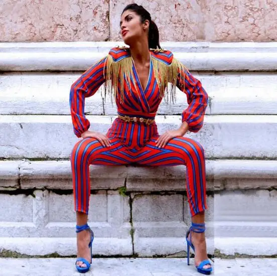 

High Quality Long Sleeve Striped Sexy V-Neck Celebrity Elegant Night Club Women Bodycon Party Jumpsuits