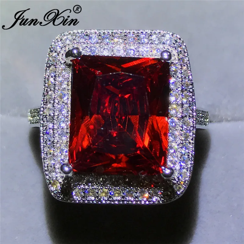 JUNXIN Boho Square Red Stone Big Rings For Men Women Yellow Gold Filled Large Zircon Crystal Engagement Wedding Ring Male Female